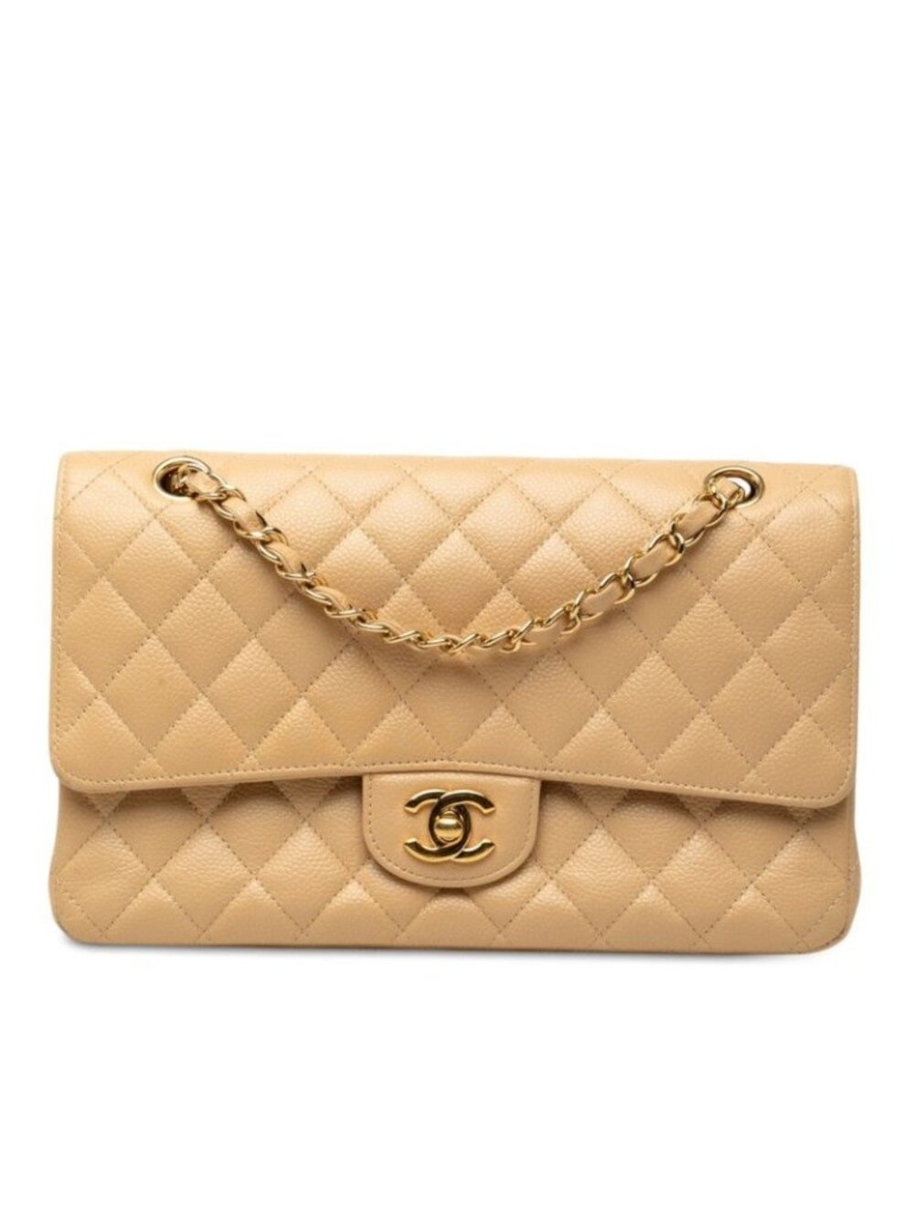 Chanel CC Logo Quilted 25 Chain Shoulder Bag Beige Caviar Leather